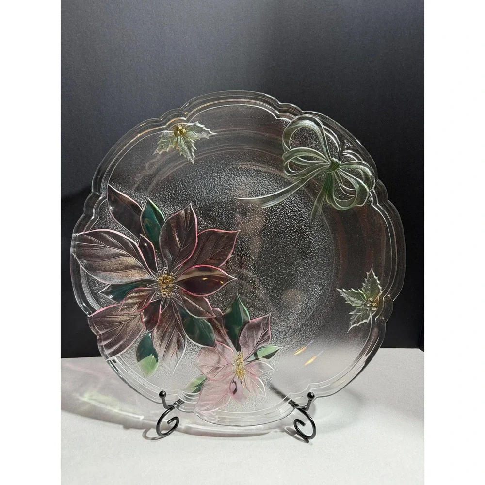 Mikasa Holiday Poinsettia Glass Platter Christmas Serving Plate Textured Floral